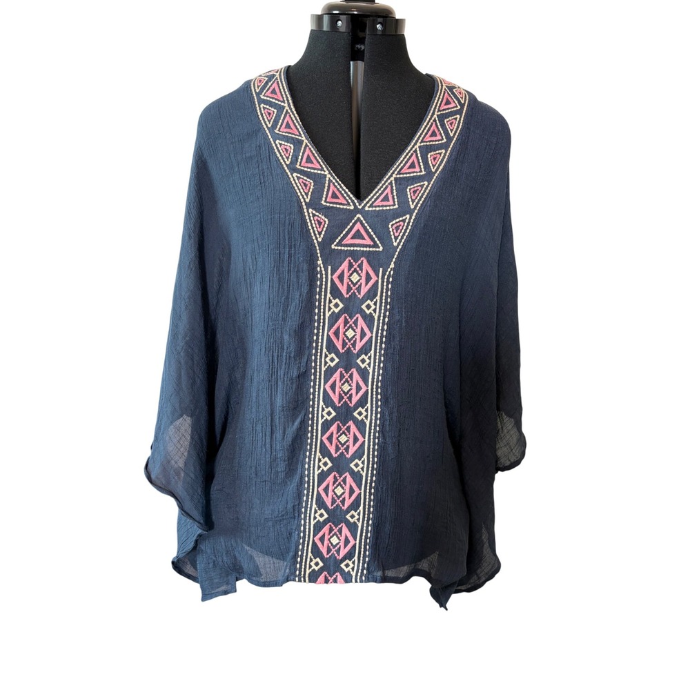 Umgee Navy Blue Embroidered V-Neck Poncho Blouse Womens Medium Boho Gauze Top